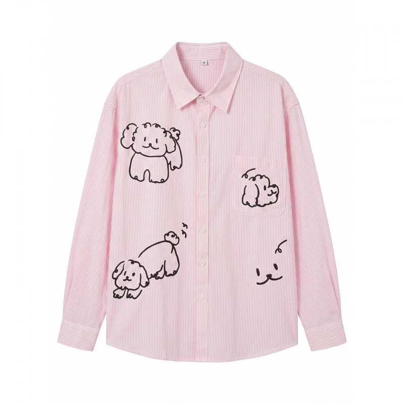 Damen Oversize-Streifenhemd mit handgezeichnetem Hunde-Print und Brusttasche Shop Nory
