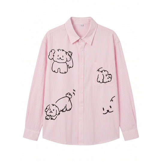 Damen Oversize-Streifenhemd mit handgezeichnetem Hunde-Print und Brusttasche Shop Nory