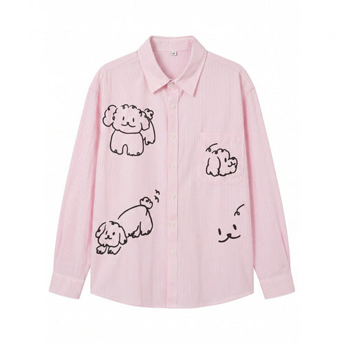 Damen Oversize-Streifenhemd mit handgezeichnetem Hunde-Print und Brusttasche Shop Nory