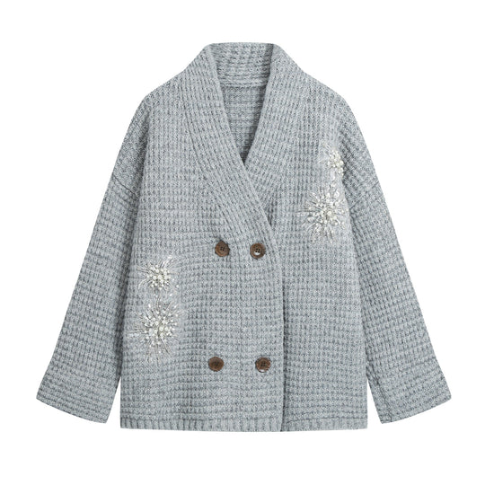 Damen Grobgestrickter Double-Breasted Cardigan-Mantel mit Schalkragen und Perlen‑Pailletten-Applikation Shop Nory