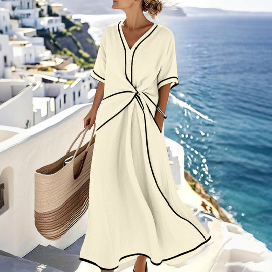 Damen Langes A-Linienkleid mit V‑Ausschnitt, Knoten-Detail und Kontrastpaspel Shop Nory