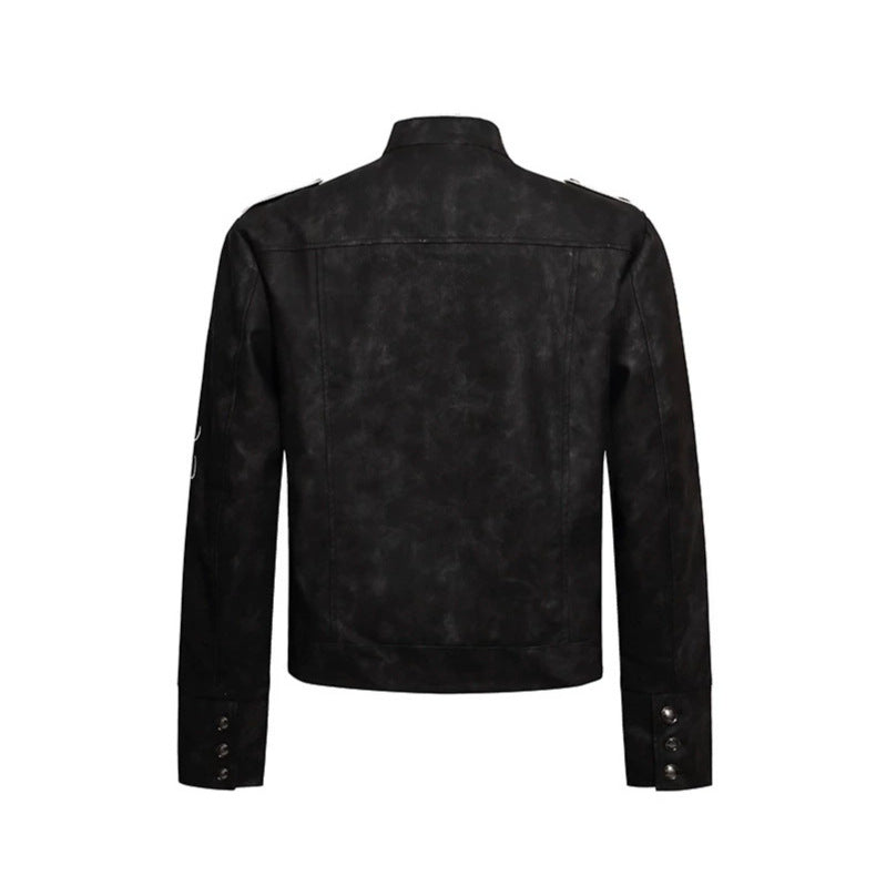 Herren Military-inspirierte Lederjacke mit Stehkragen, Zierknopfreihen und bestickten Ärmeln Shop Nory