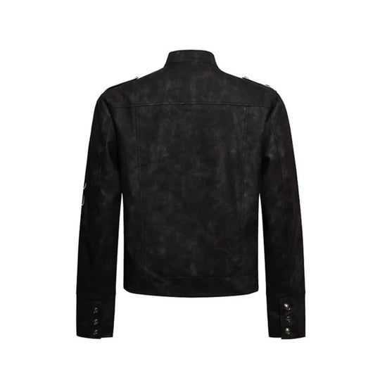 Herren Military-inspirierte Lederjacke mit Stehkragen, Zierknopfreihen und bestickten Ärmeln Shop Nory