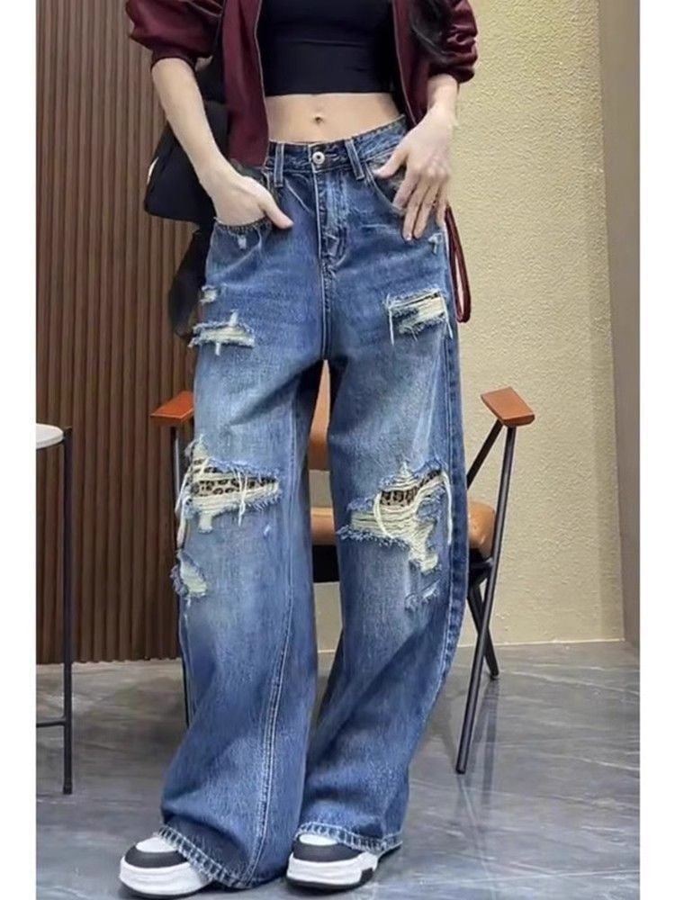 Damen Baggy-Jeans mit modischen Rissdetails und hohem Taillenbund Shopnory