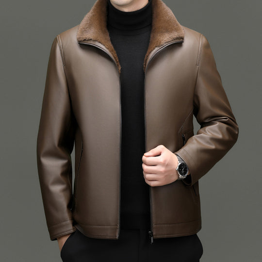 Herren gefütterte Lederimitatjacke mit Kunstfellkragen und Reißverschluss Shop Nory