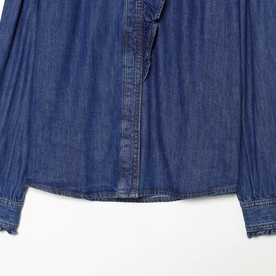 Damen Denim-Bluse mit Rüschenknopfleiste und Stehkragen Shop Nory