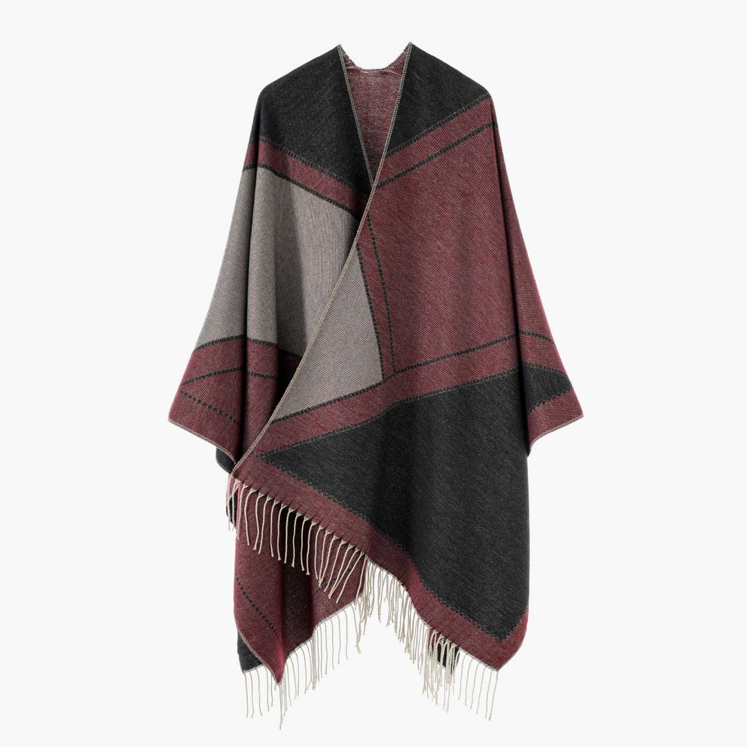 Damen Wendbarer Strickcape-Poncho mit Fransen und kontrastierenden Streifen Shop Nory