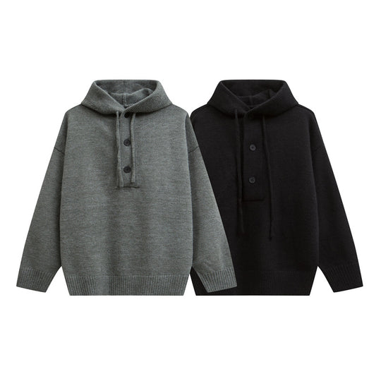 Damen Oversize Kapuzenstrickpullover mit halber Knopfleiste und Rippbündchen Shop Nory