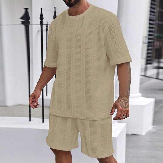 Herren nan entspanntes Zopfstrick-Freizeitset mit weitem Kurzarmshirt und elastischer Bermuda