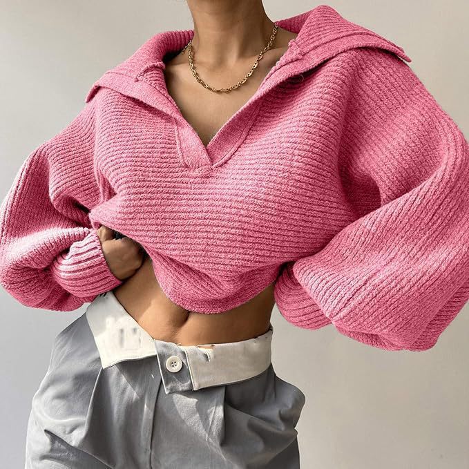 Damen kurzes geripptes Strickpullover mit weitem Matrosenkragen und Ballonärmeln Shop Nory