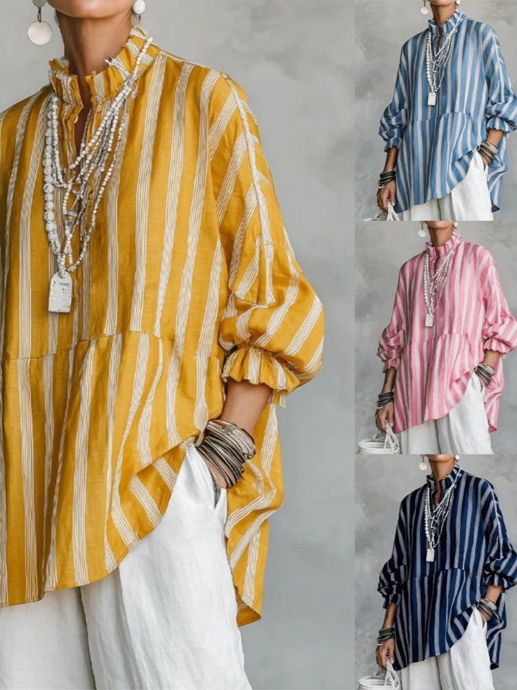 Damen Gestreifte Oversize-Tunika mit Stehkragen und Ballonärmeln Shop Nory
