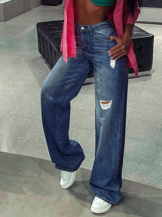 Damen Weite High-Waist Denim-Jeans im Wide‑Leg-Look mit gezielten Destroyed-Details Shop Nory