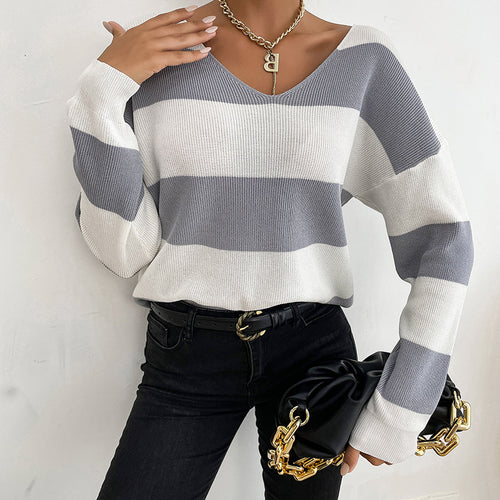 Damen Leichter Oversize‑Strickpullover mit V‑Ausschnitt und breitem Streifenmuster Shop Nory