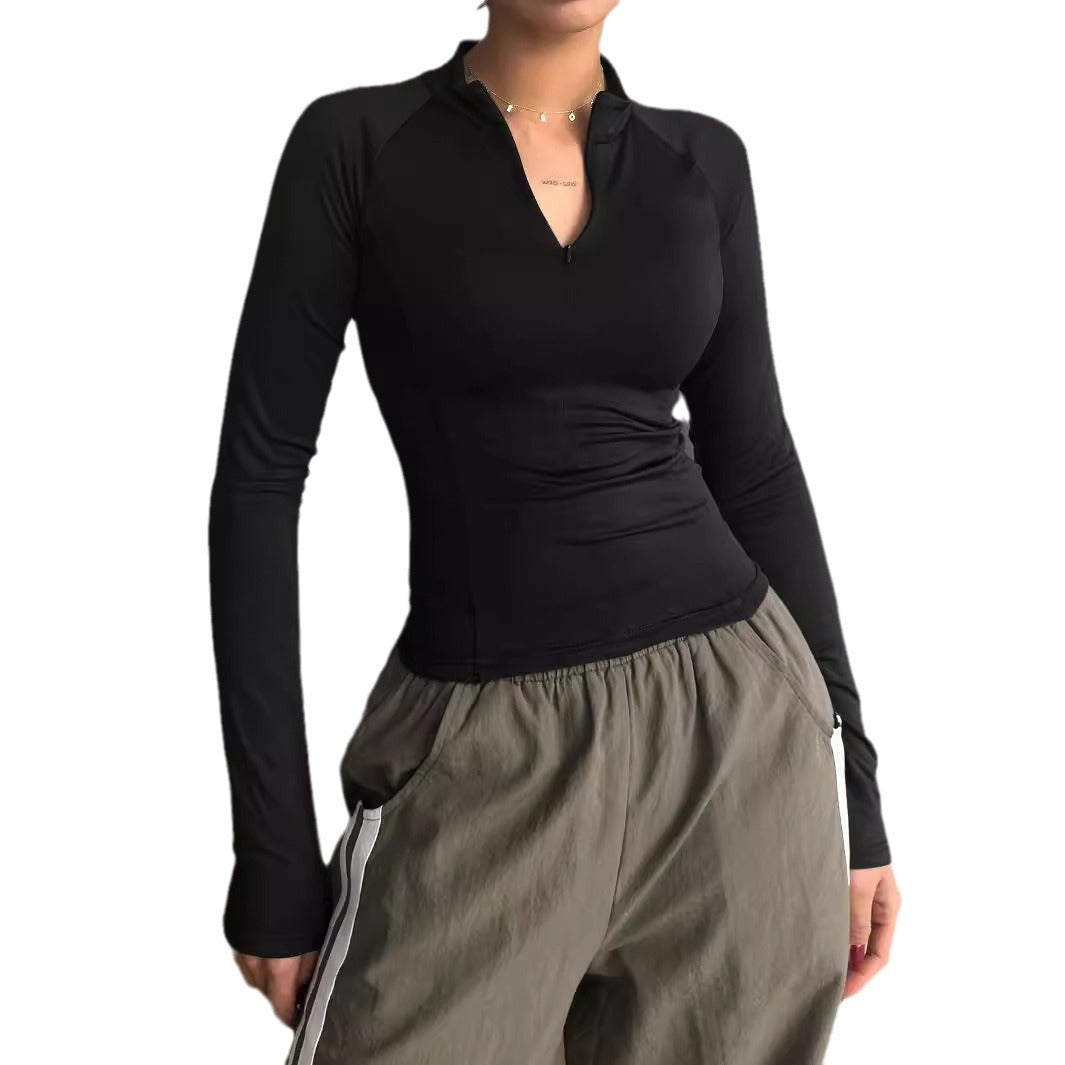 Damen Enganliegendes Sportliches Langarm-Top mit kurzem Stehkragen und V‑Ausschnitt Shop Nory