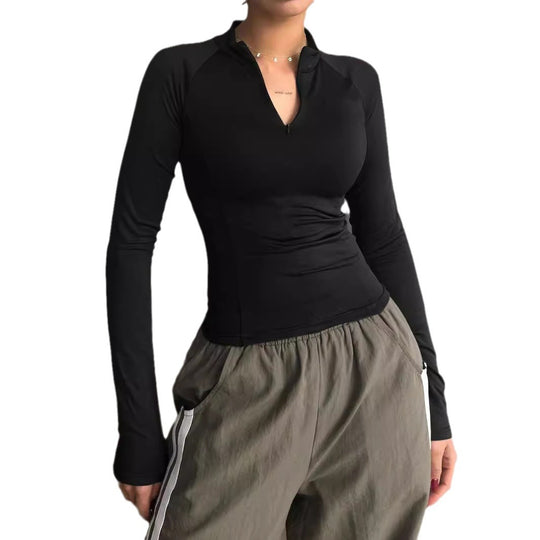 Damen Enganliegendes Sportliches Langarm-Top mit kurzem Stehkragen und V‑Ausschnitt Shop Nory