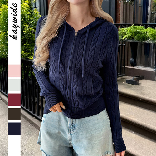 Damen nan Kapuzen-Strickjacke mit Reißverschluss, Zopfstrickstruktur und Kängurutasche Shop Nory