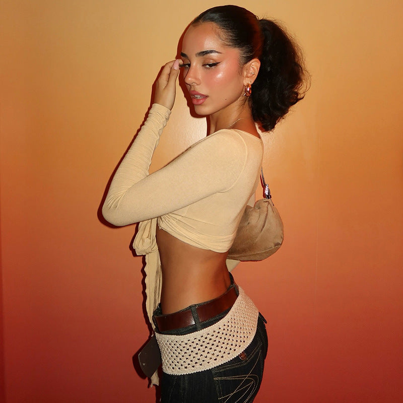 Damen Crop-Top mit verspieltem BindShopnoryand und langen Ärmeln