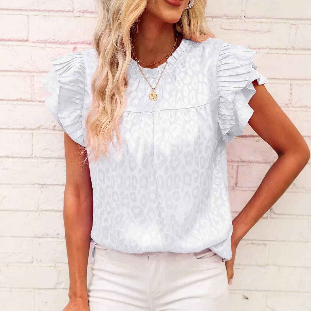 Damen Satinbluse mit Jacquard-Leoprint und gestuften Plissee-Volantärmeln Shop Nory