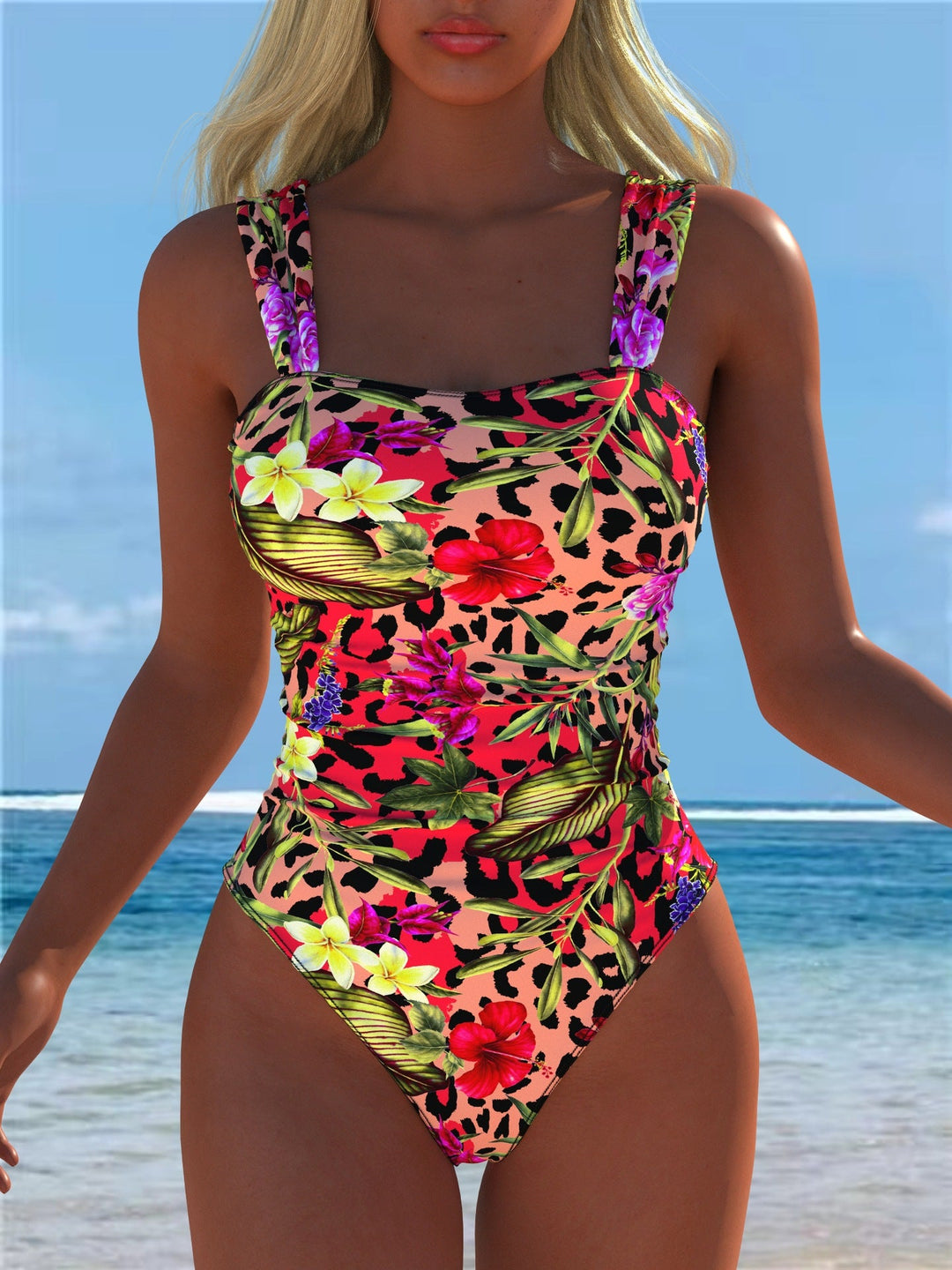Damen einteiliger Badeanzug mit floraler und tierischer Musterkombination Shopnory