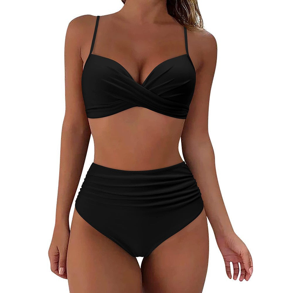 Damen hochtailliertes Bikini-Set mit elegantem Wickeldesign Shopnory