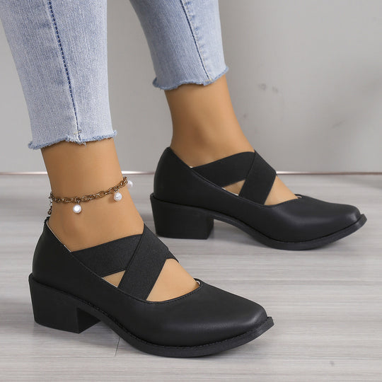 Damen Slipper-Pumps mit kreuzenden Elastikriemen und Blockabsatz Shop Nory