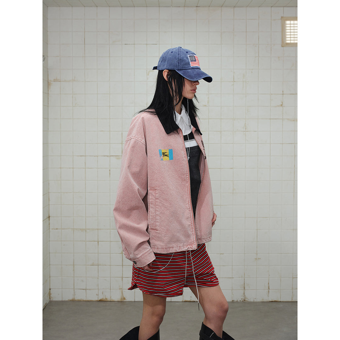 Unisex Boxy-Blousonjacke aus gewaschenem Baumwoll-Twill mit Cordkragen und Printdetails Shop Nory