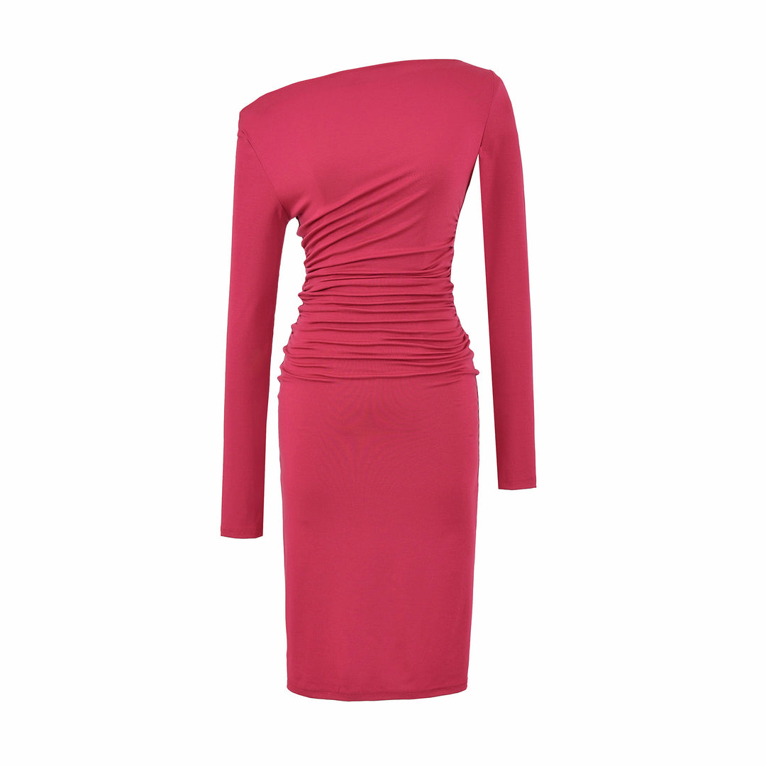 Damen Asymmetrisches Ein-Schulter-Midikleid mit Raffung und Langarm Shop Nory