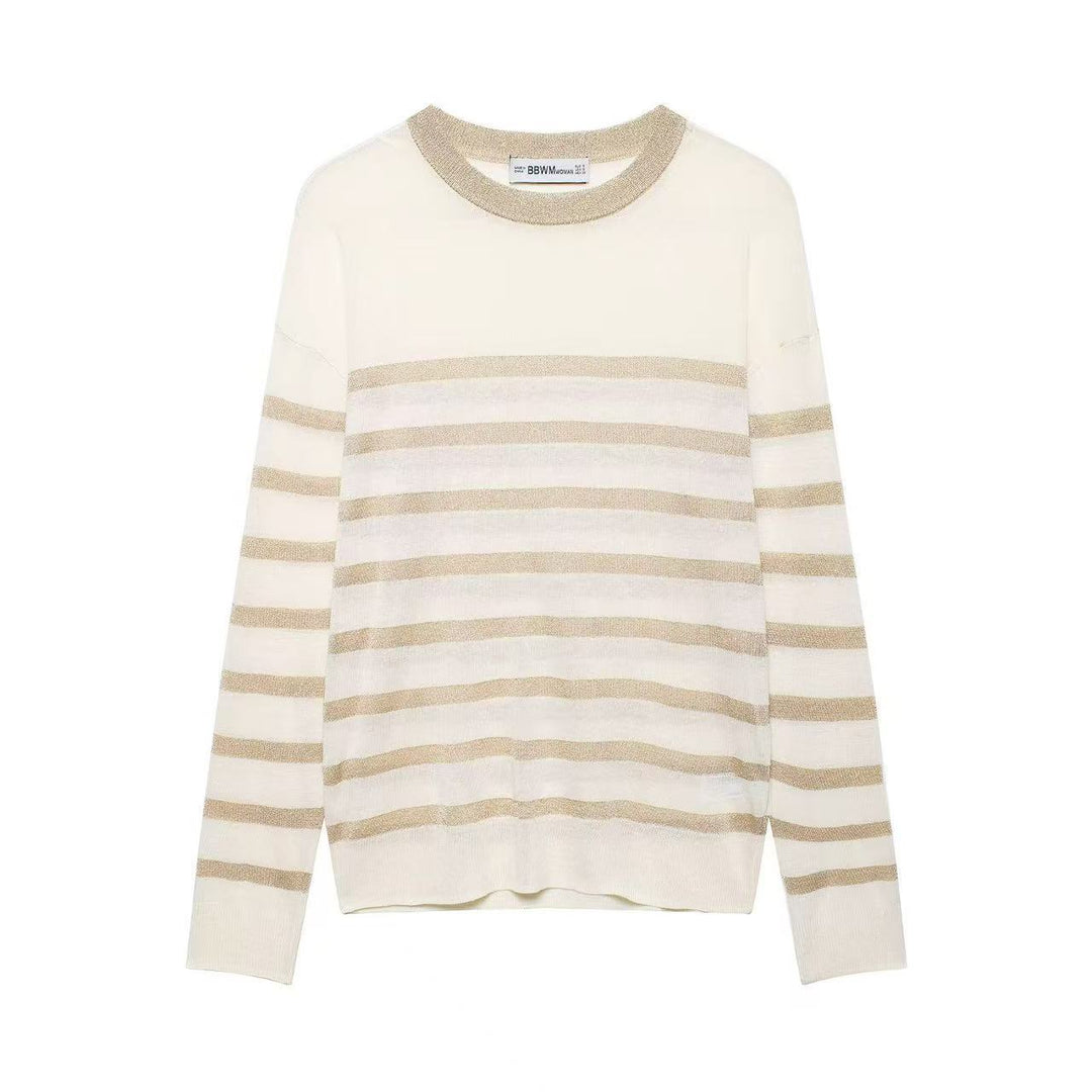 Damen Leichter gestreifter Feinstrickpullover mit metallischem Lurex‑Streifen und Rundhals Shop Nory