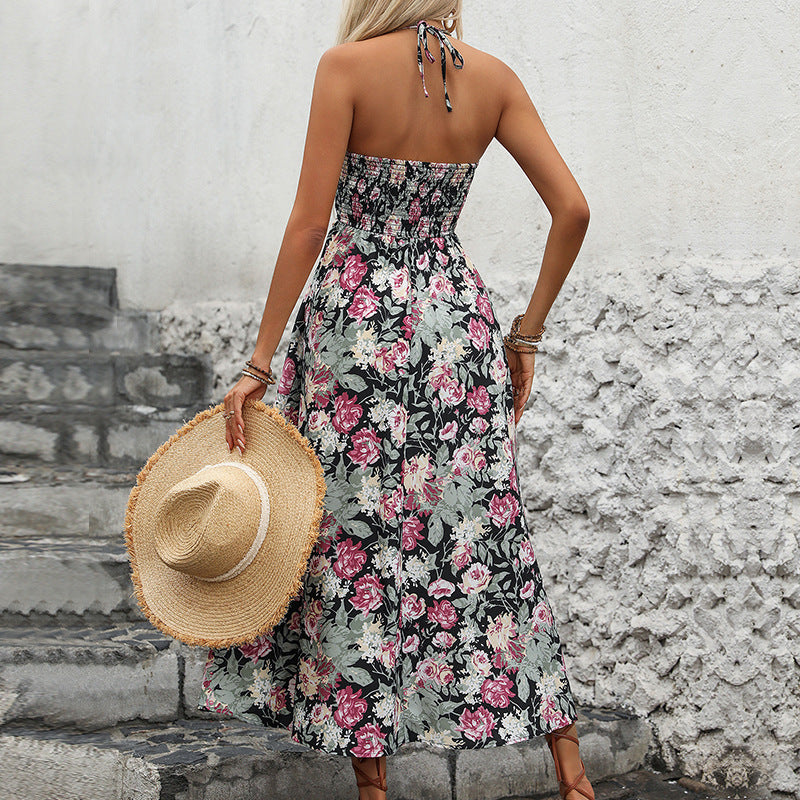 Damen Florales Maxikleid mit Wickel-V-Ausschnitt, Spaghettiträgern und tailliertem Smokbund Shop Nory