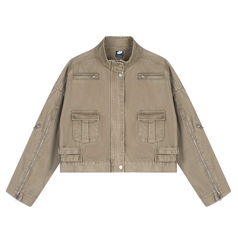 Damen Cropped Utility-Jacke mit Stehkragen, Mehrfachtaschen und Reißverschlussärmeln Shop Nory