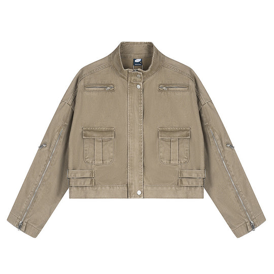 Damen Cropped Utility-Jacke mit Stehkragen, Mehrfachtaschen und Reißverschlussärmeln Shop Nory
