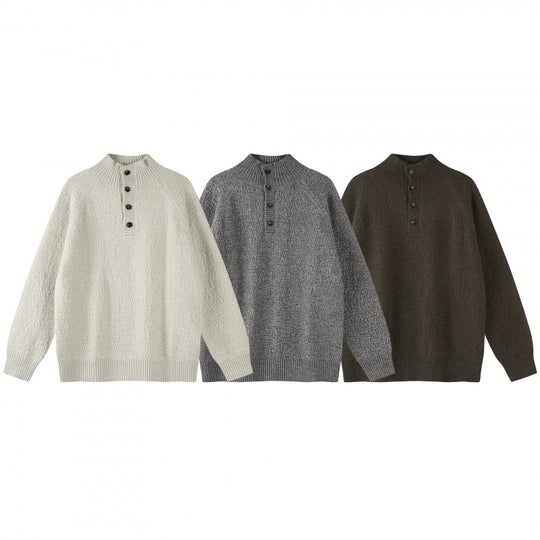 Unisex Strukturierter Halbzip-Strickpullover mit Henley-Knopfleiste und Raglanärmeln Shop Nory