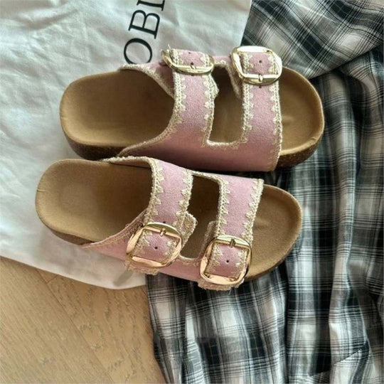 Damen Comfort-Sandalen mit zweifachen verstellbaren Riemen, gepolstertem anatomischem Fußbett und goldener Metallschnalle Shop Nory