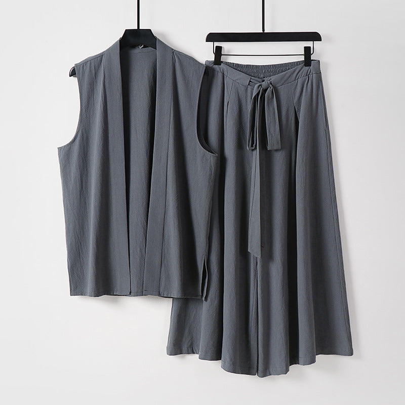 Damen Ärmellose Kimono-Weste und Hochtaillierte Culotte-Hose mit Bindegürtel Shop Nory
