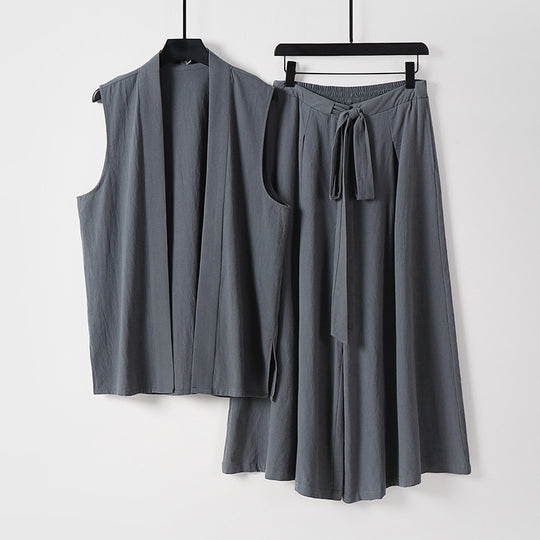 Damen Ärmellose Kimono-Weste und Hochtaillierte Culotte-Hose mit Bindegürtel Shop Nory