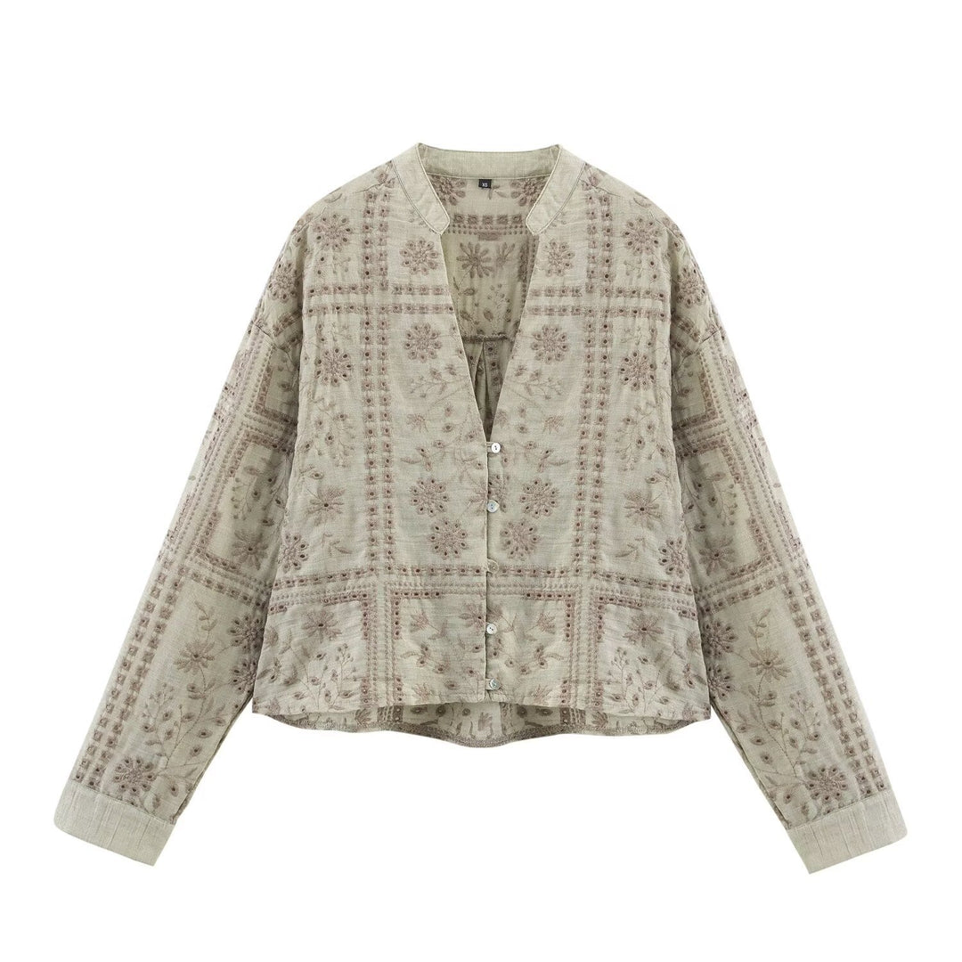 Damen Bestickte V‑Neck Boxy‑Bluse‑Jacke mit Patchwork‑Stickerei Shop Nory