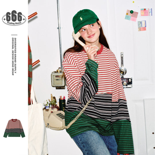 Unisex Lässiges Oversize Langarmshirt mit Blockstreifen aus Baumwollmix Shop Nory