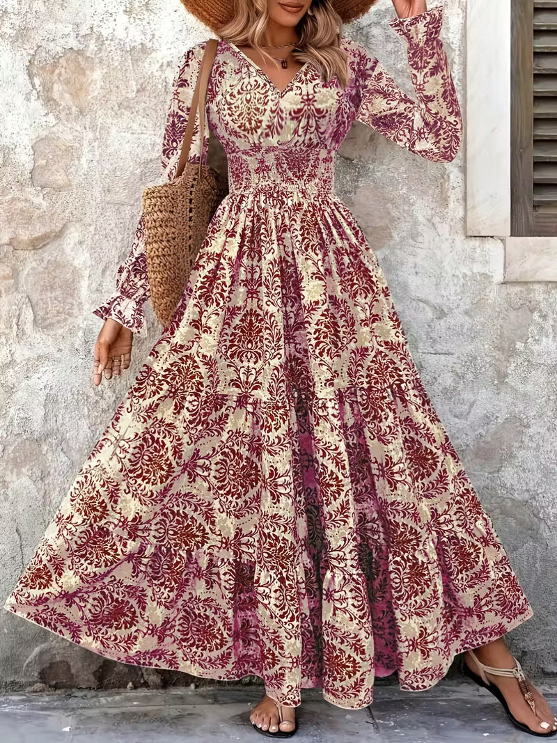 Damen Boho‑Maxikleid mit Smok‑Taillenpartie, V‑Ausschnitt und Stufenrock Shop Nory