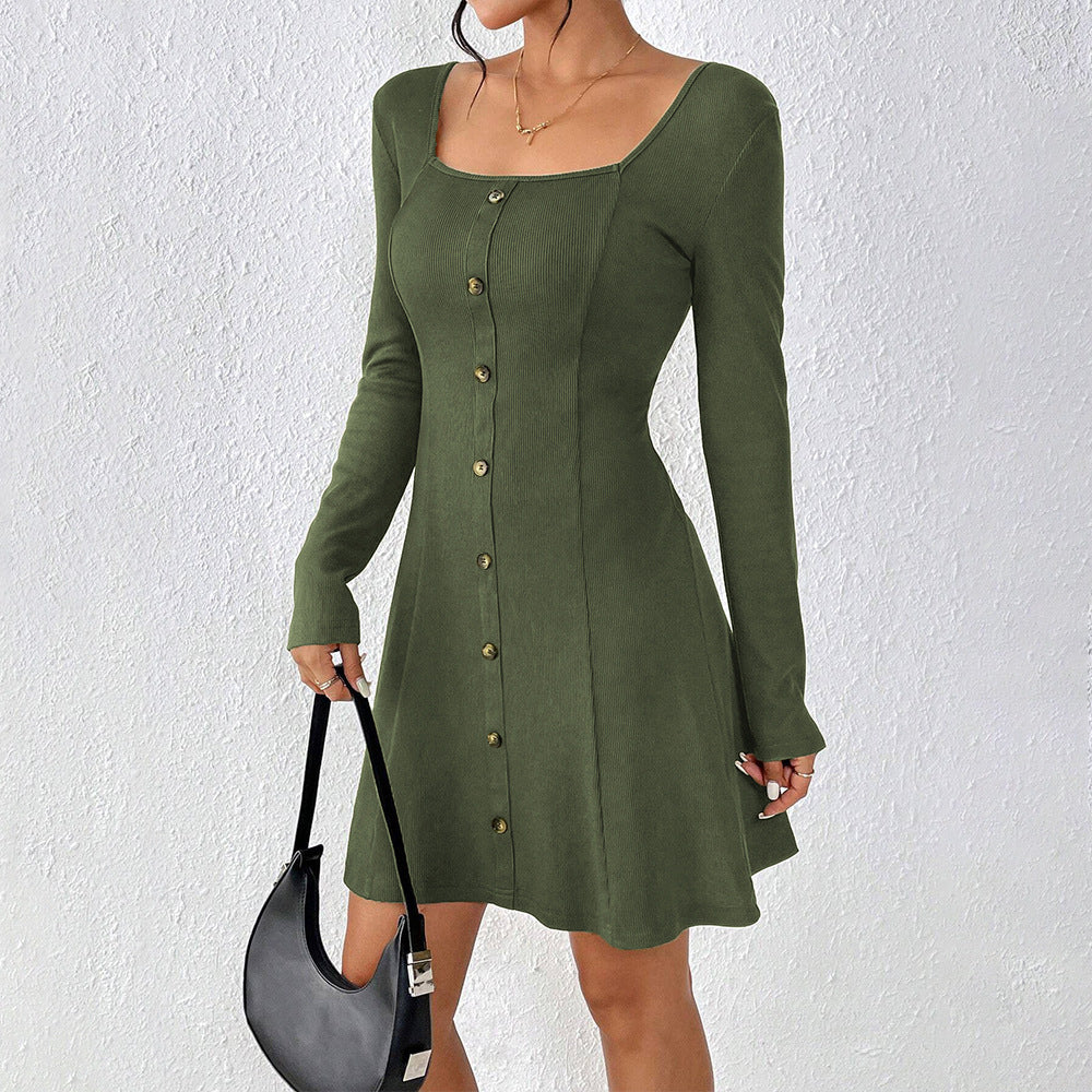 Damen ausgestelltes Strick‑Korsagenkleid mit durchgehender Knopfleiste, Square‑Neck und figurformenden Teilungsnähten Shop Nory
