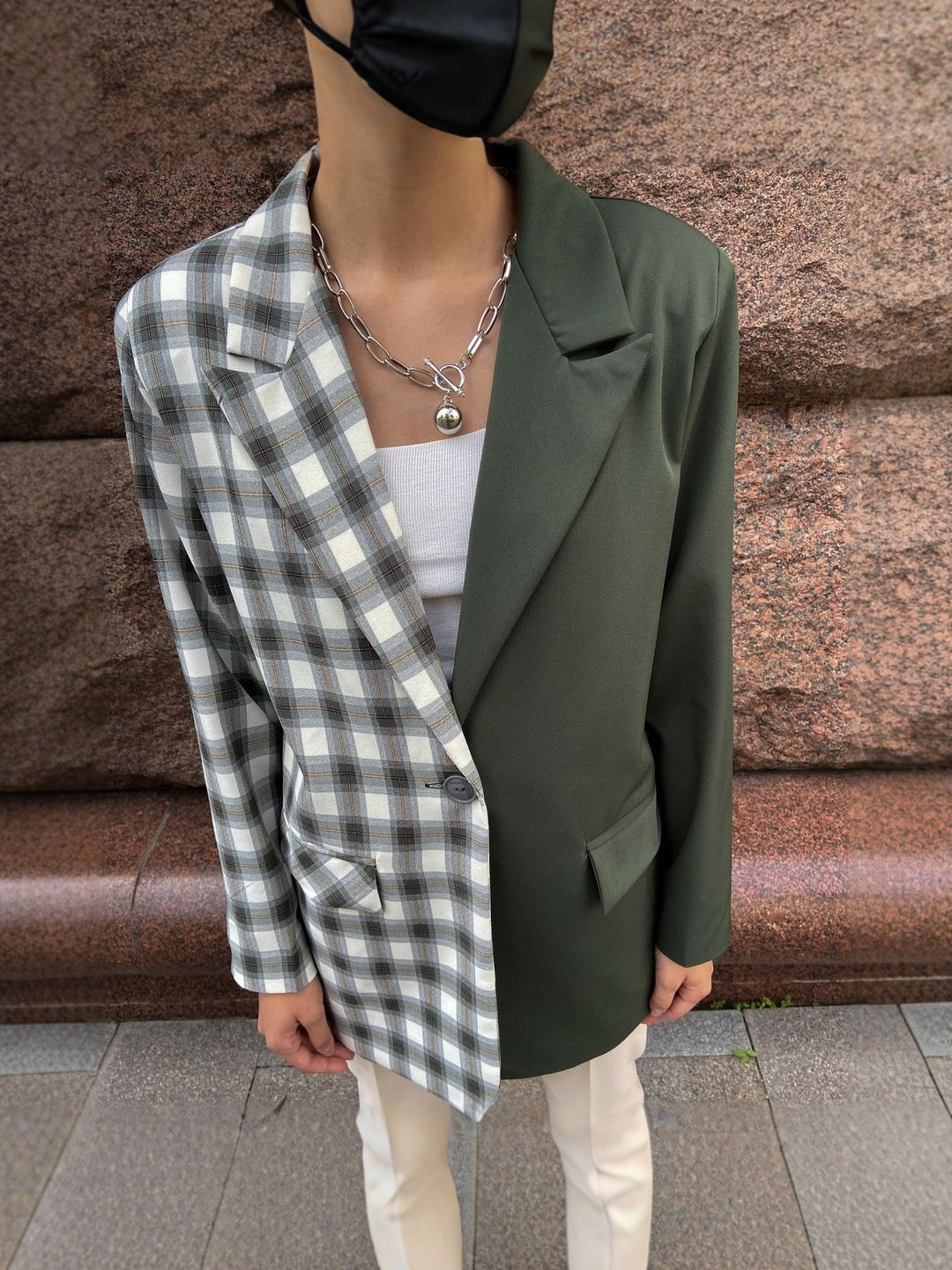 Damen Zweifarbiger Oversize-Blazer mit Karomuster und Reverskragen Shop Nory