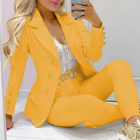 Damen nan tailliertes Doppelreiher-Blazer-Set mit goldknopf-Detail und hochtaillierter Slimhose Shop Nory