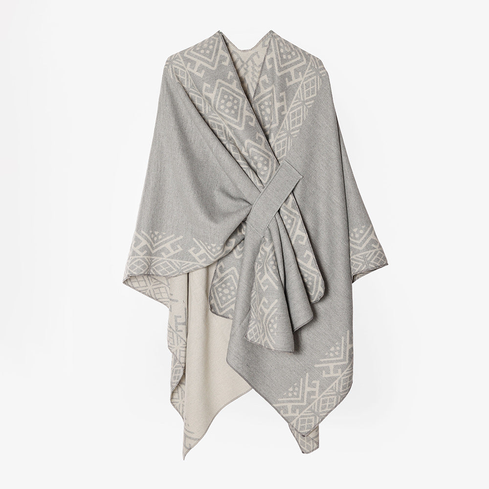 Damen Reversibler Wollmix-Cape mit Bindeschlaufe und feinem Jacquardmuster Shop Nory