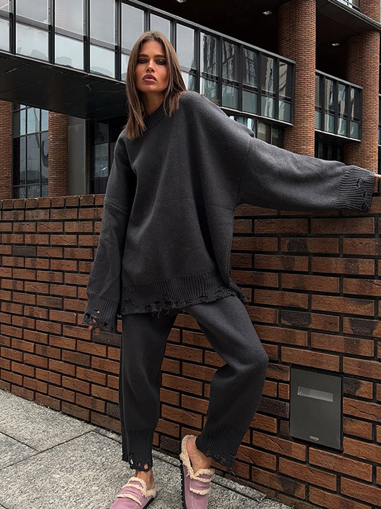 Damen Oversize-Strickset aus Feinstrick mit Destroyed-Saum, weitem Pullover und legerer Schlupfhose Shop Nory