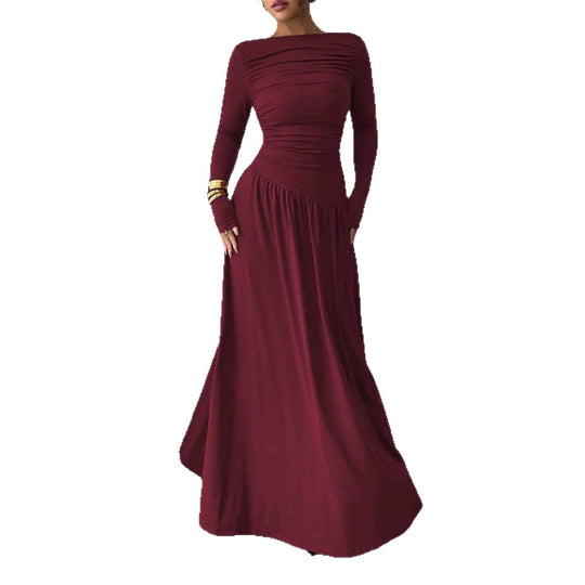 Damen Maxikleid mit gerafftem Oberteil, tailliertem Bund und Langarm Shop Nory