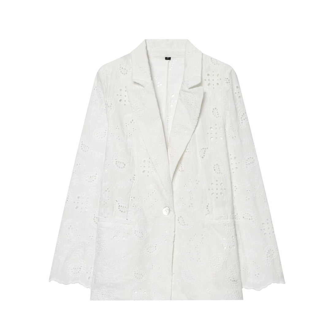 Damen Leichter Broderie-Anglaise-Blazer mit Schalkragen und Lochstickerei Shop Nory