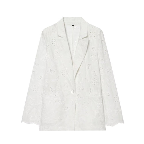 Damen Leichter Broderie-Anglaise-Blazer mit Schalkragen und Lochstickerei Shop Nory
