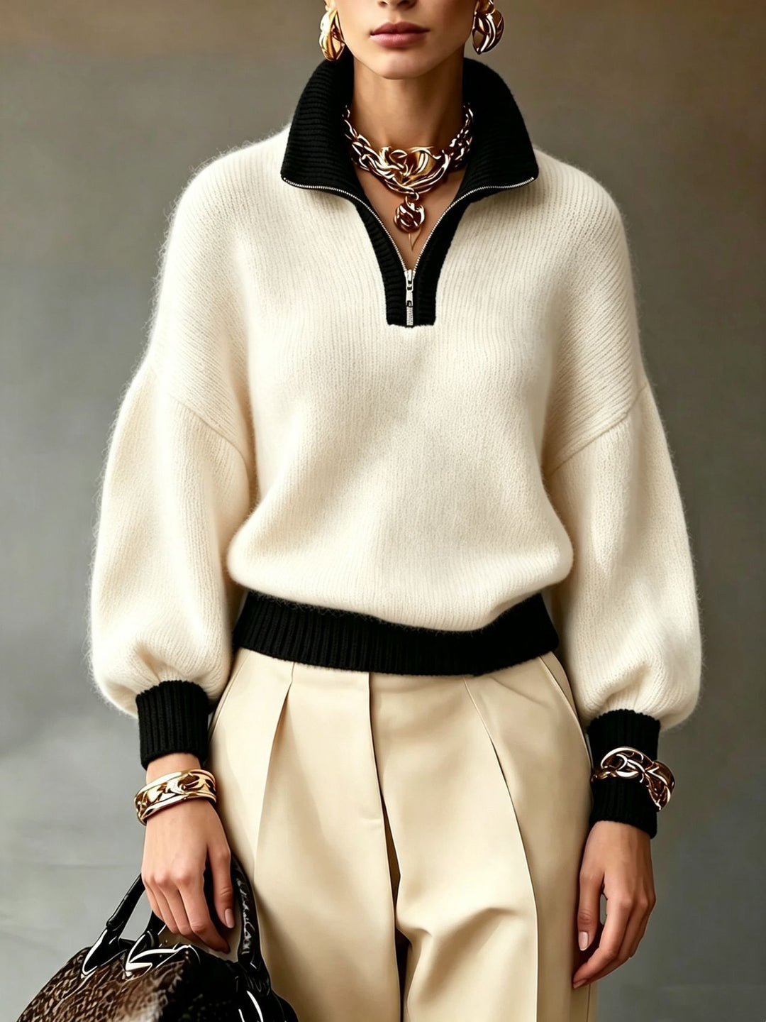 Damen Flauschiger Pullover mit halbem Reißverschluss, Stehkragen und Ballonärmeln Shop Nory
