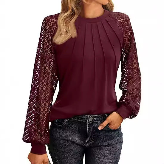 Damen Elegantes Oberteil mit dekorativen Spitzenärmeln und gerafftem Detail