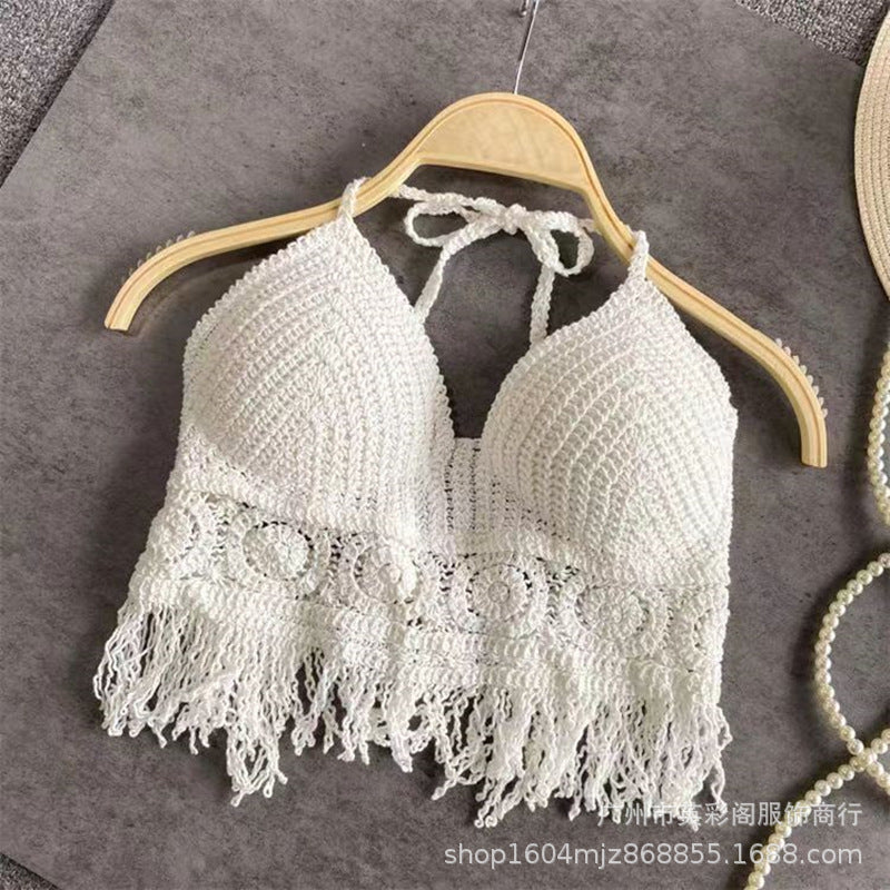 Damen gehäkeltes Bikinioberteil mit bunten Quasten