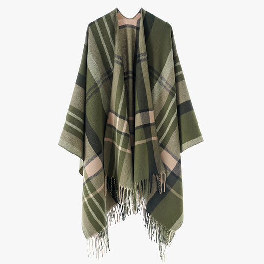 Damen Oversize Karierter Fransen-Poncho aus weichem Strick Shop Nory